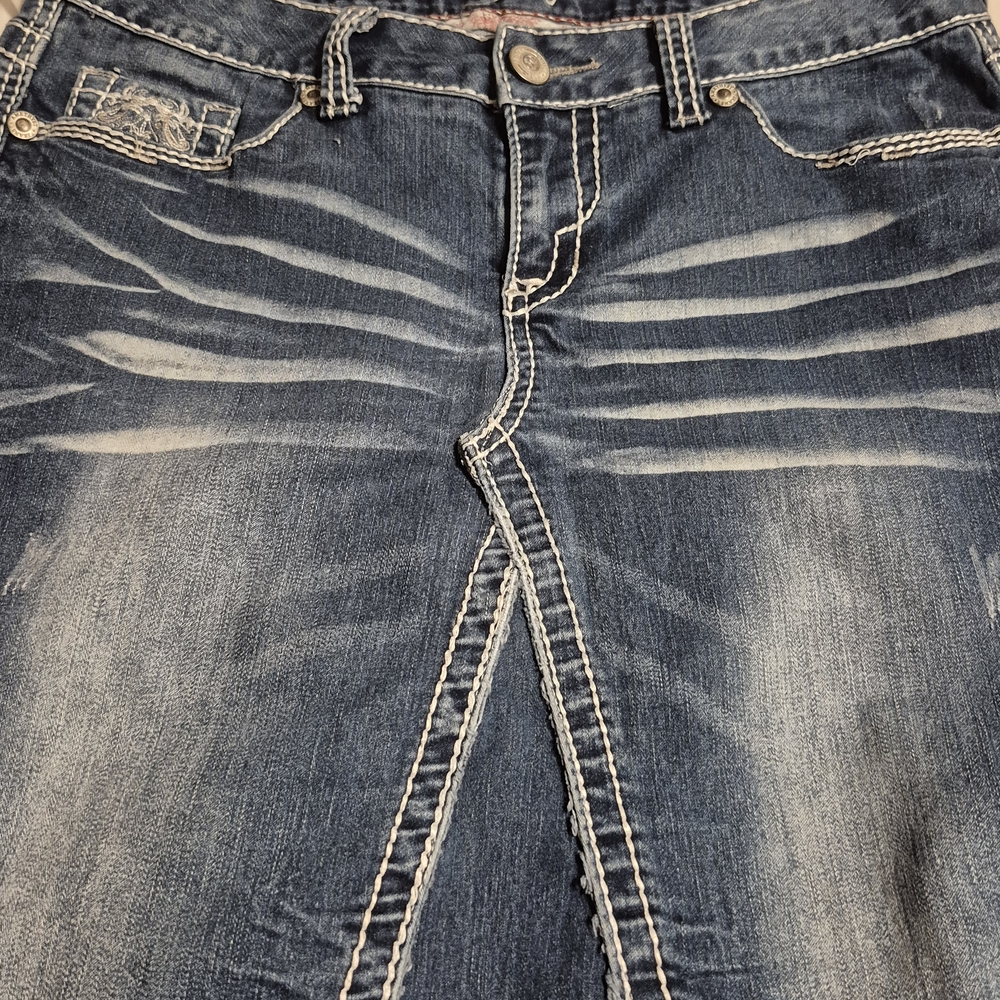 Amethyst Jeans Sz 11 Juniors Blue Denim Skirt with Embroidered Glittery Pockets